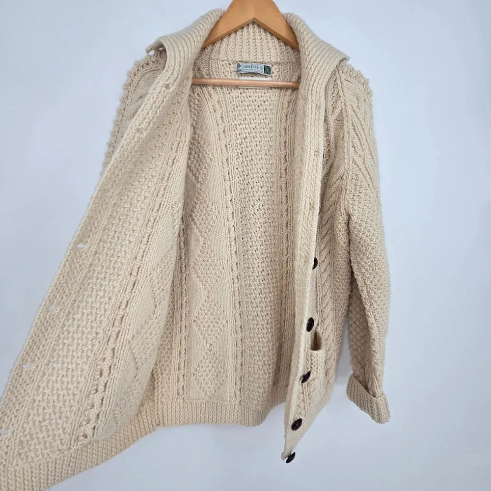 Vintage Womens M-L 100% Wool Irish Aran Sweater Cardigan Hat Combo‎ Cable Knit